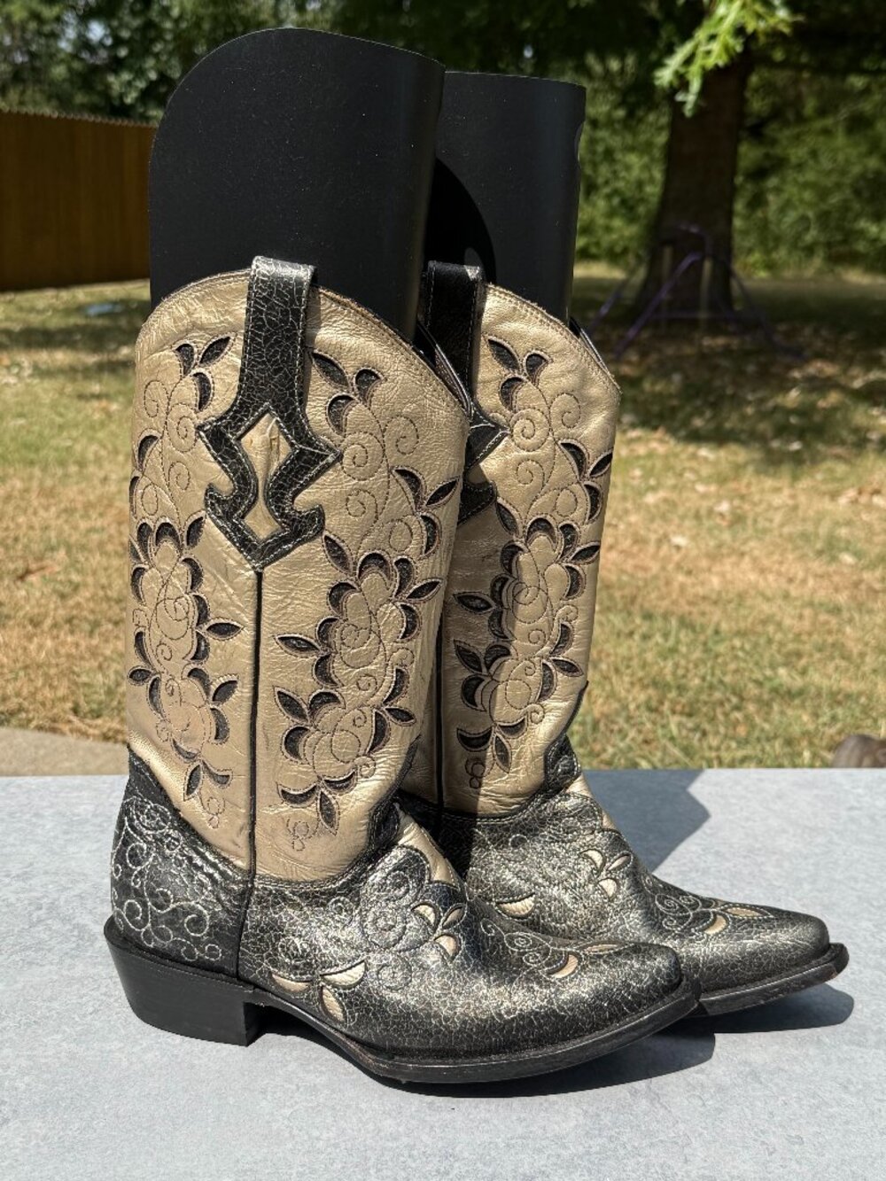 JB Dillon Womens 9B Black Gold Floral Cowboy Boots Western Y2K Cowgirl Boho 4195